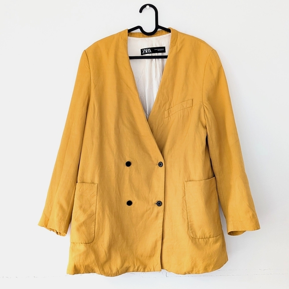 Zara Mustard Linen Blend Double-Breasted Blazer ~ Size Medium - Picture 1 of 10